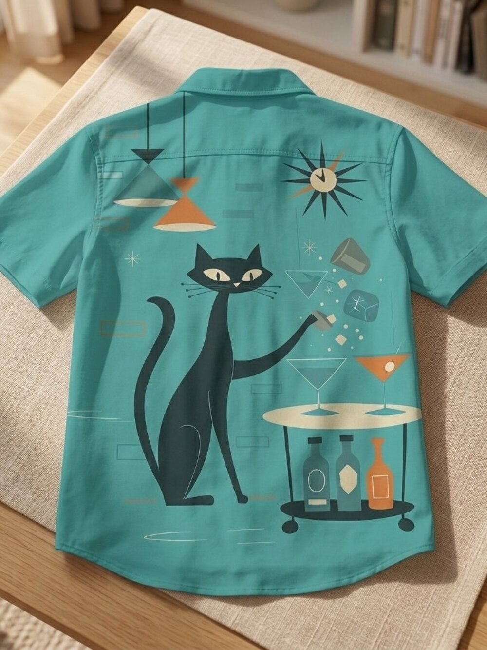 Midnight Cat Art Resort Shirt • Retro Teal Print • Unisex Casual Button‑Up - Picture 4 of 5